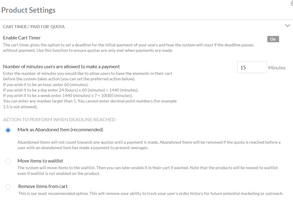cart timer product settings 1