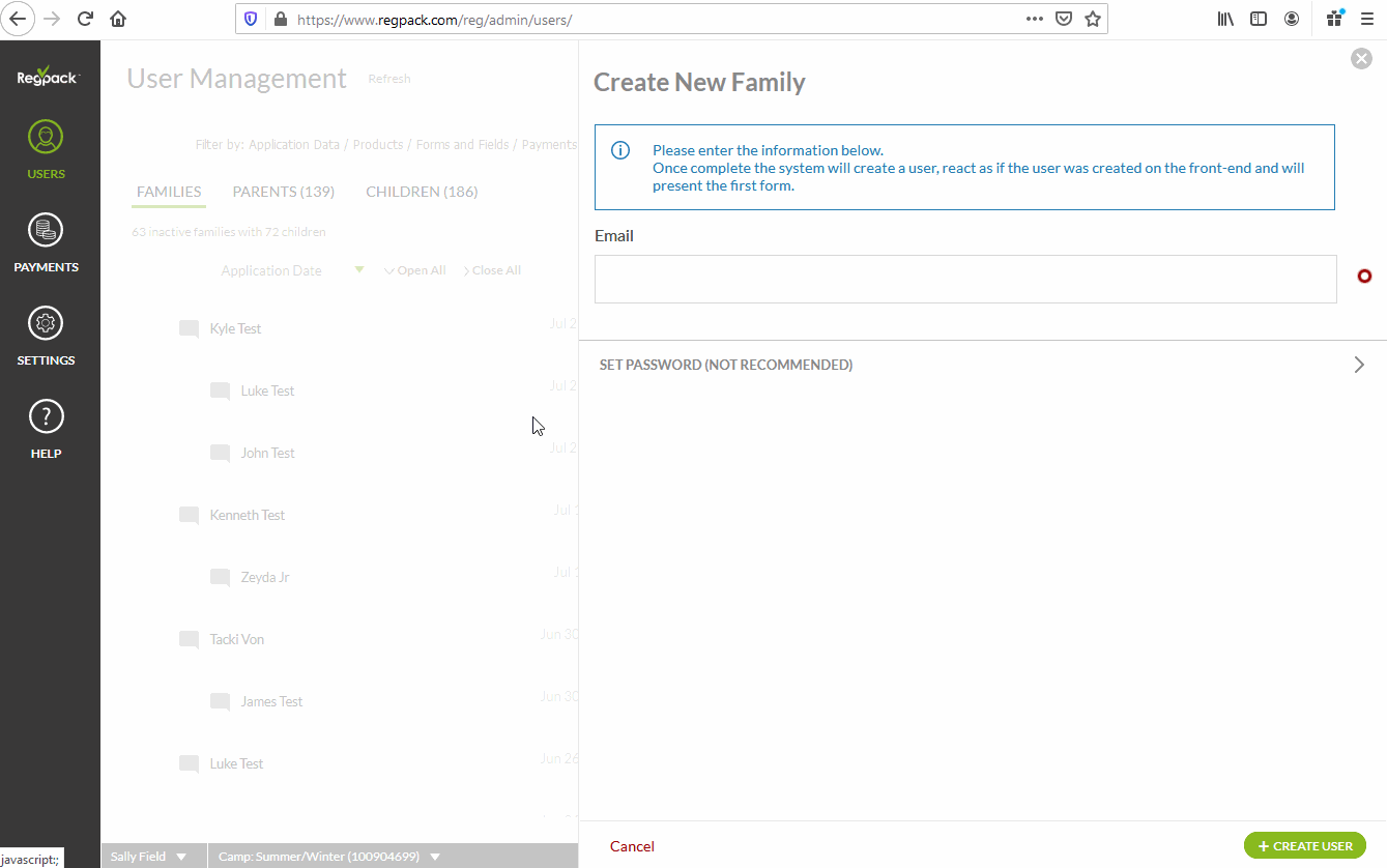create a new parent and child user in the back end