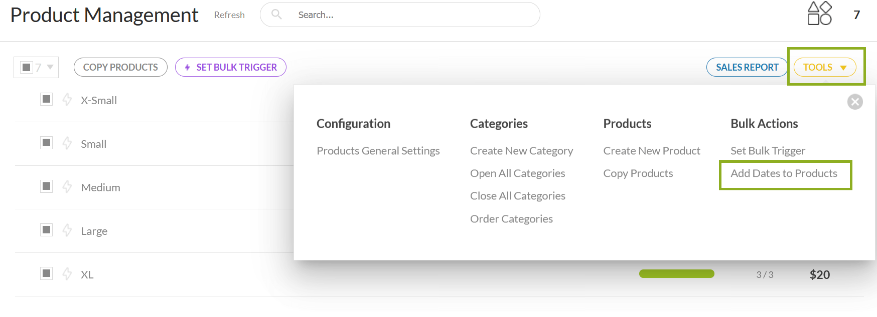 bulk actions add dates to products