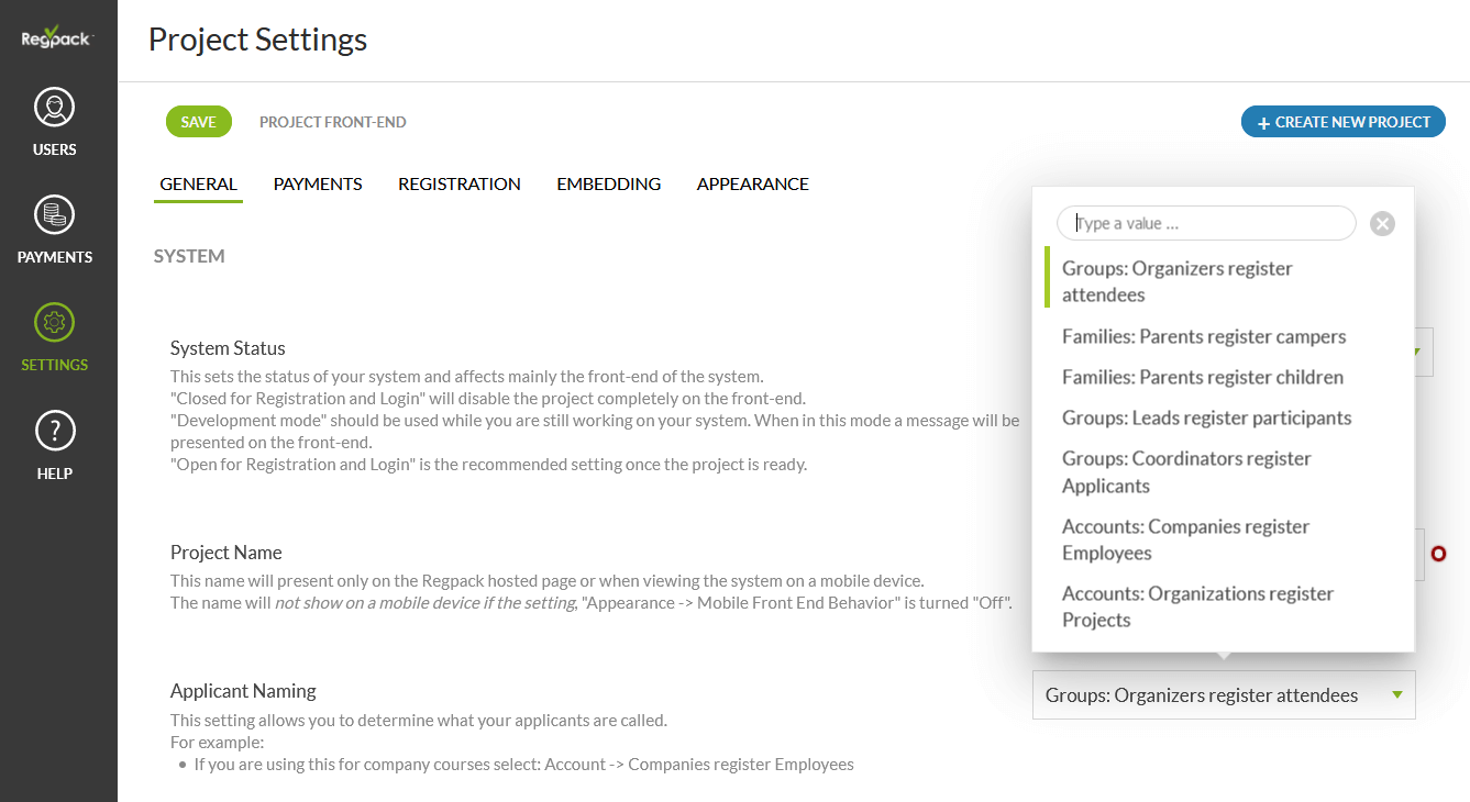 applicant naming settings
